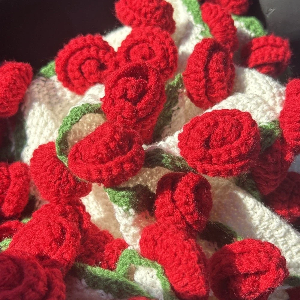 Handmade Crochet Flower Bouquet Blanket Red Rose 2-in-1 Transforming Throw Gift